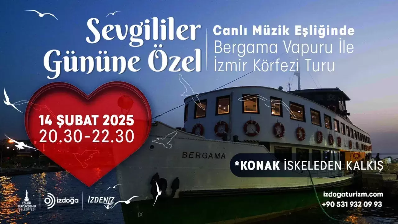 14 Şubat'ta İzmir'de sevgililer için nostaljik bir deneyim! Bergama Vapuru'nda canlı müzik eşliğinde romantik Körfez Turu'na katılmak için biletlerinizi hemen alın.