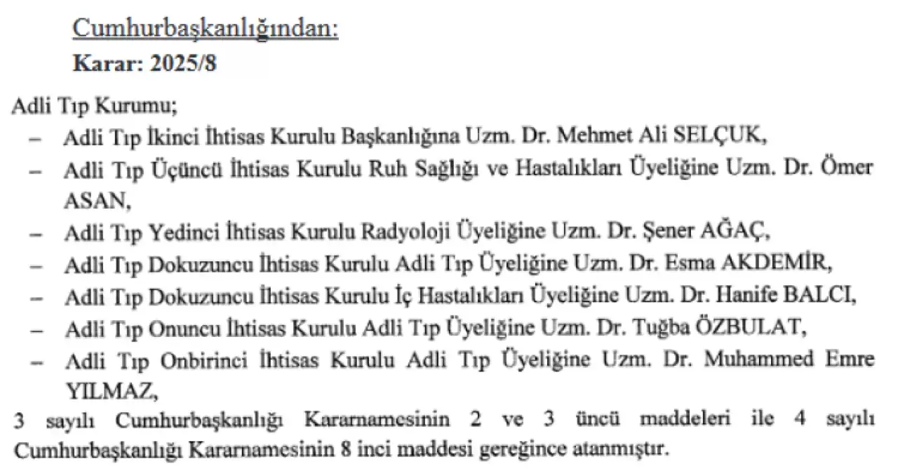 Cumhurbaşkanı Erdoğan imzasıyla yayımlanan kararlara göre, Türkiye Adalet Akademisi Başkanı Muhittin Özdemir görevden alınırken, yerine İstanbul Çağlayan Adliyesi Adalet Komisyon Başkanı Bekir Altun atandı. Aynı kararnamede ayrıca Adli Tıp Kurumu’nun ihtisas komisyonu üyeliklerinde de değişiklikler yaşandı.