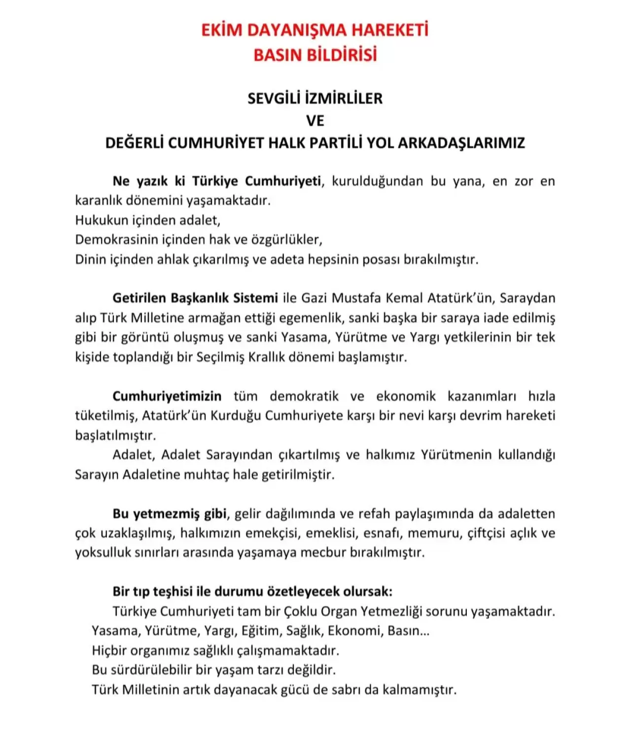 CHP İzmir’de siyaset sahnesinde etkili isimler “Ekim Dayanışma Hareketi”ni kurdu. Birlik ve değişim mesajı veren hareket, kamuoyuna kritik bir bildiri sundu!