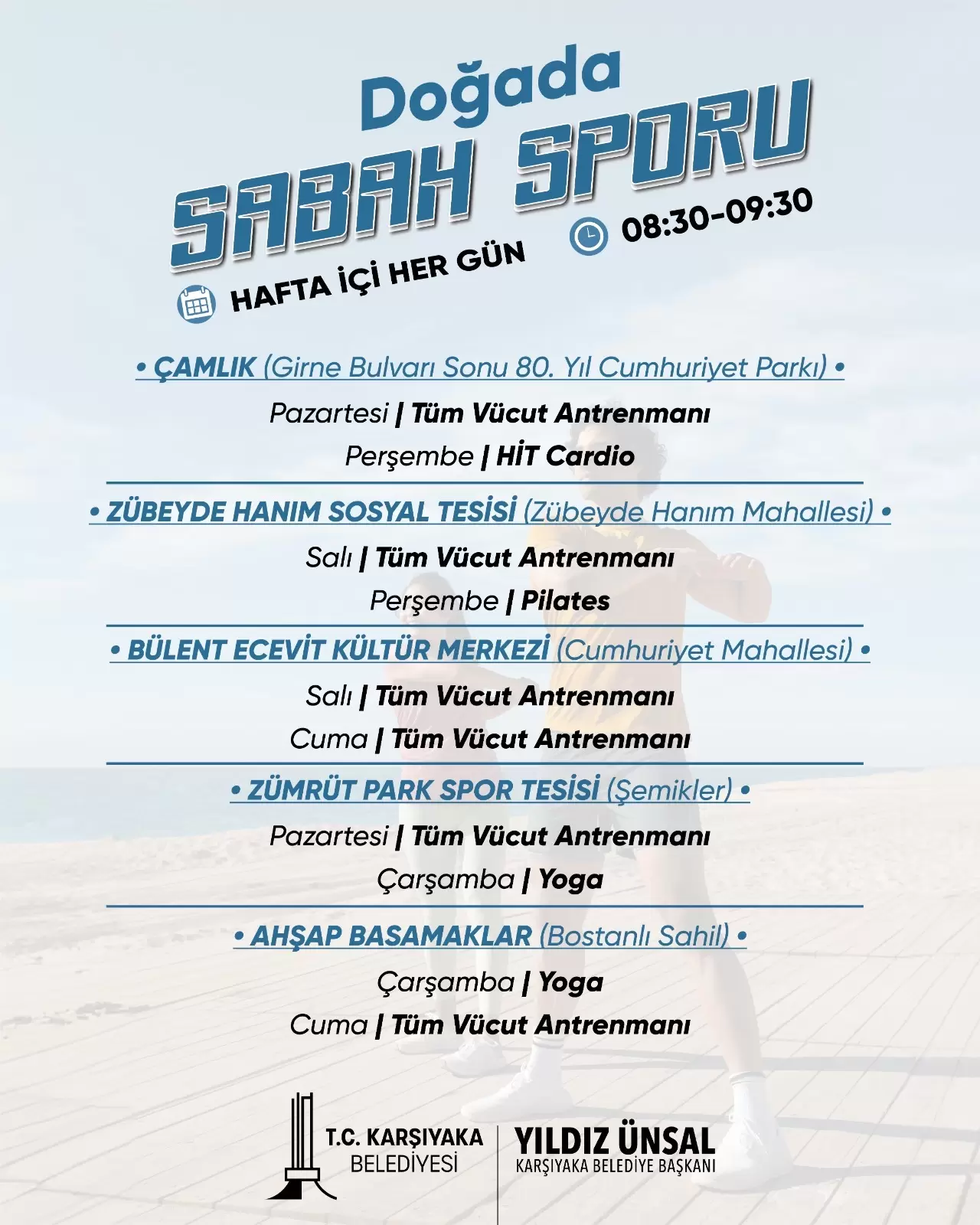 Aktif ve sağlıklı bir toplum için yıl boyunca sportif etkinliklerini sürdüren Karşıyaka Belediyesi, yaz aylarının gelişiyle birlikte sabah aktivitelerini açık alanlara taşıdı. Bu haftadan itibaren ilçenin 5 farklı noktasında, hafta içi her gün ücretsiz sabah sporu buluşmaları gerçekleştirilecek. Başkan Yıldız Ünsal “Herkes için her yaşta spor anlayışıyla vatandaşlarımızı bu yaz da nitelikli etkinliklerle buluşturmaya devam edeceğiz” dedi.