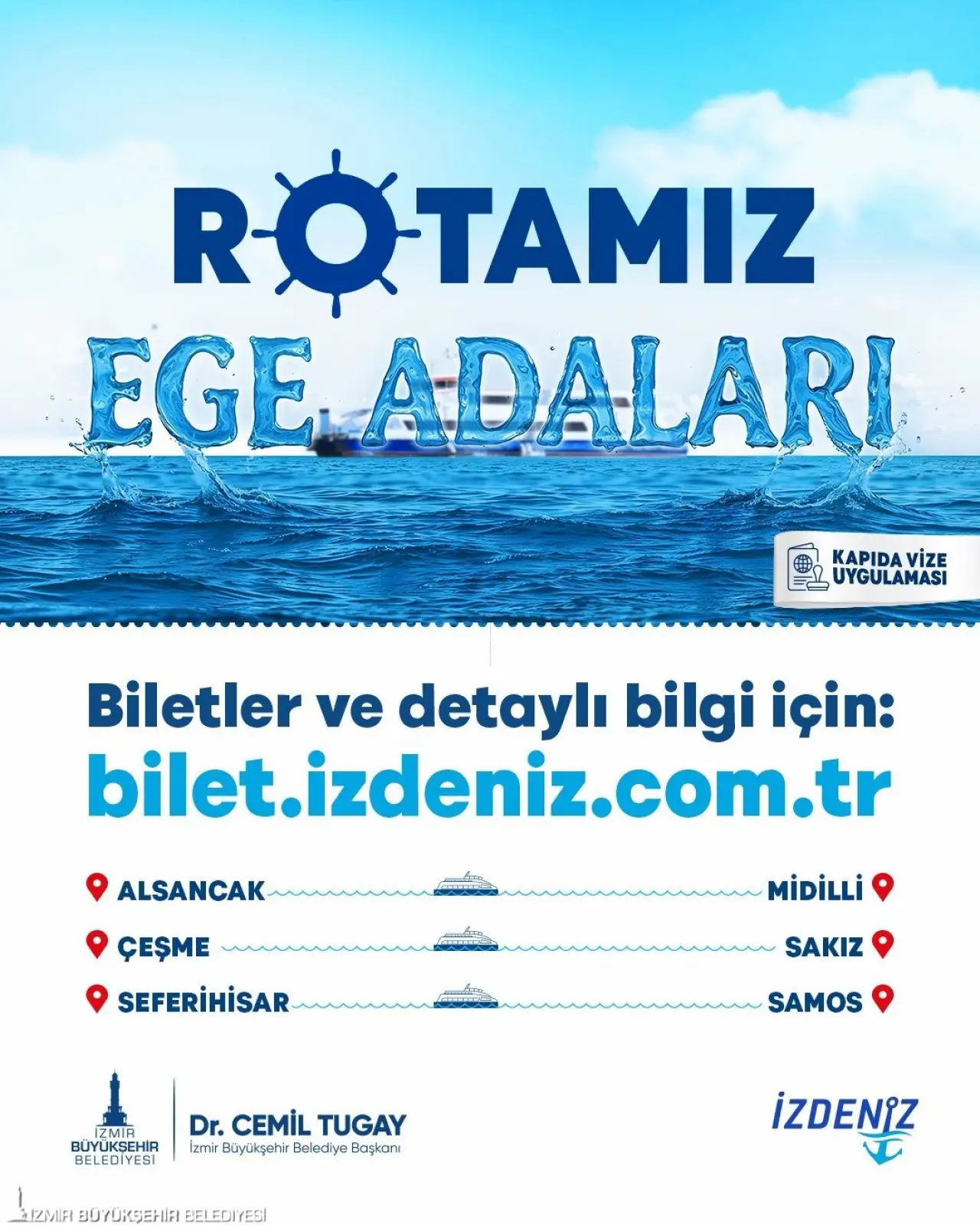 İzmir Büyükşehir Belediyesi’nin denizcilik işletmesini yapan iştiraki İZDENİZ AŞ, yolcularını Ege Adaları ile buluşturmaya devam ediyor. Alsancak Limanı’ndan Midilli, Çeşme’den Sakız ve Seferihisar’dan Samos’a seferler sürüyor. Seferlerin biletleri bilet.izdeniz.com.tr adresinden satın alınıyor.