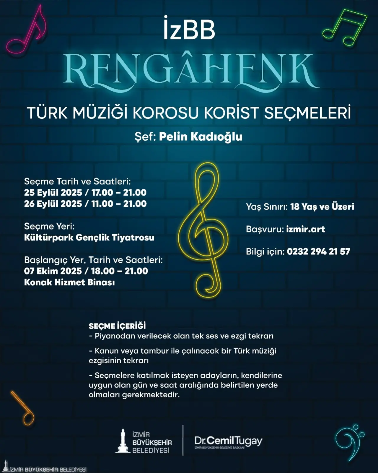 İzmir Büyükşehir Belediyesi, 2025-2026 sanat eğitimi dönemini başlatıyor. Dans, müzik, oyunculuk gibi eğitimlerin yanı sıra koro çalışmaları için de eğitim ve seçme tarihleri ile başvuru koşulları belli oldu. 