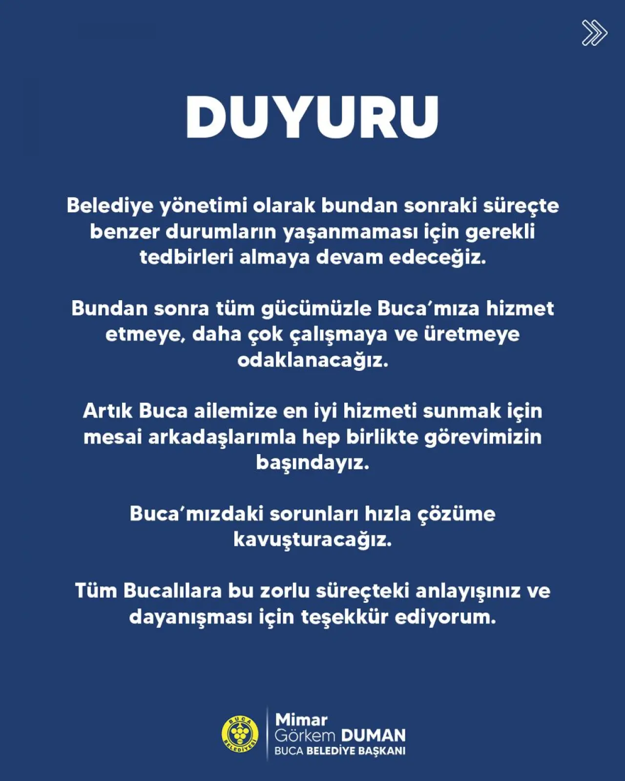 Buca Belediyesi’nde DİSK’e bağlı Genel İş 6 No’lu Şube üyesi işçilerin İş Kanunu’nun 34.  Maddesi’ni gerekçe göstererek başlattıkları eylemin uzlaşmayla sona ermesinin ardından temizlik için tüm ekipler sahaya indirildi. Bucalılara bu zorlu süreçte göstermiş oldukları anlayış ve dayanışma için teşekkür eden Buca Belediye Başkanı Mimar Görkem Duman, “Bundan sonra tüm gücümüzle Buca’mıza hizmet etmeye, daha çok çalışmaya ve üretmeye odaklanacağız” dedi.