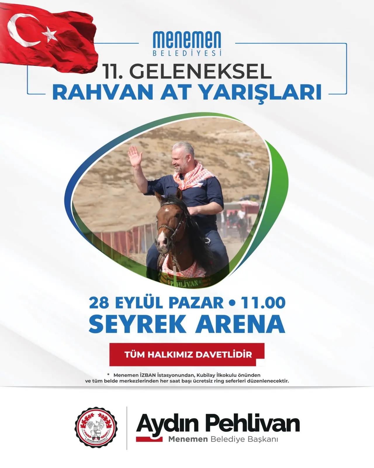 Menemen Belediyesi tarafından geleneksel hale getirilen rahvan at yarışları, bu yıl da Türkiye’nin en başarılı rahvan atlarını aynı pistte buluşturacak. Heyecan ve coşkunun bir arada yaşandığı 11. Geleneksel Rahvan At Yarışları, 28 Eylül Pazar günü, Seyrek Arena'da gerçekleştirilecek. Menemen Belediye Başkanı Aydın Pehlivan, "Kültürümüzde çok önemli bir yeri olan atçılığı, geleceğe taşımak, yeni nesillere anlatmak adına düzenlediğimiz yarışlara tüm hemşehrilerimizi bekliyoruz." dedi.