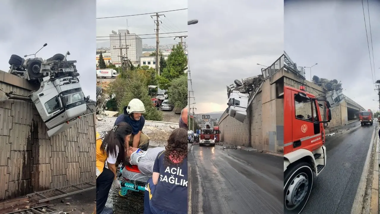 İzmir Büyükşehir Belediyesi İtfaiye Dairesi Başkanlığı ekipleri, yağmurun yağmasıyla kayganlaşan yolda direksiyon hakimiyetini kaybederek 12 metrelik viyadükte asılı kalan sürücüyü başarılı bir operasyonla kurtardı.